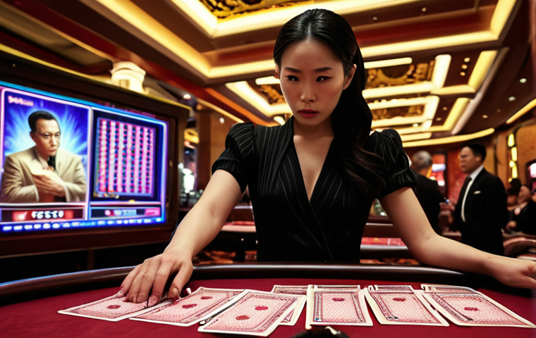 **
Prompt: A dramatic scene depicting a luxury casino in Macau, with blurred figures representing high rollers. In the foreground, a stern-looking authority figure (possibly female) examines documents, symbolizing the crackdown on money laundering. The background subtly shows flashing neon lights contrasting with the seriousness of the foreground activity. Focus on conveying tension and investigation.
**