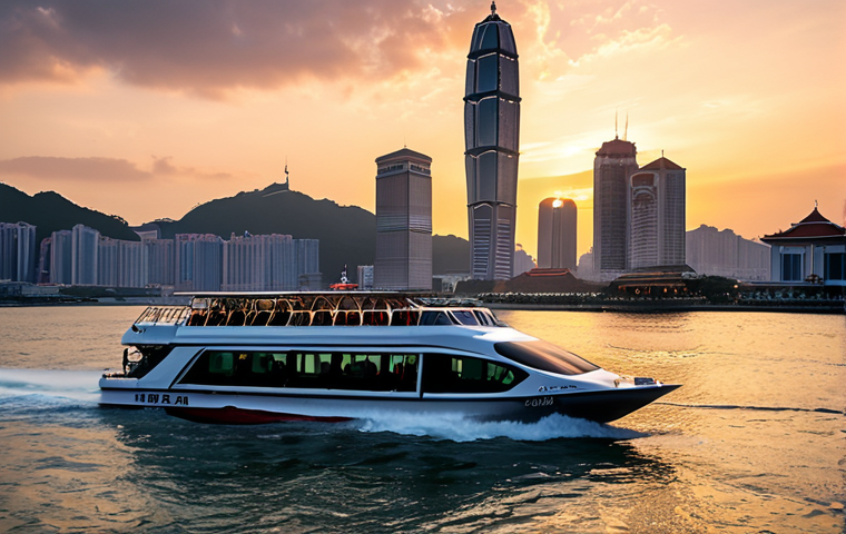 **
"Turbojet ferry approaching the Macau skyline at sunset. Focus on speed and luxury travel."
**
